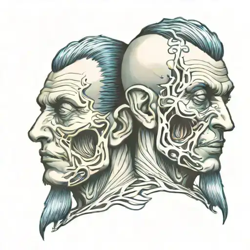 Siamese twin head monster good side bad side tattoo design idea