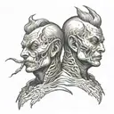 Siamese twin head monster good side bad side tattoo design idea