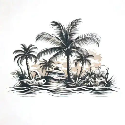 Hawaii theme tattoo including palm tree, animals, flowers tattoo design idea