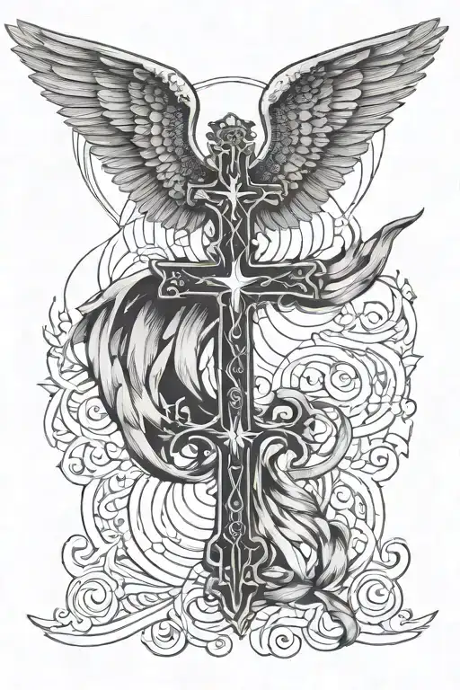 cross with angel wings spread wide tattoo design idea