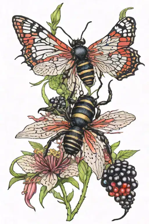 Red spider lilies surrounded by blackberries and bees tattoo design idea