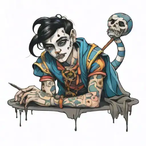 brunette boy in jester outfit tattoo design idea