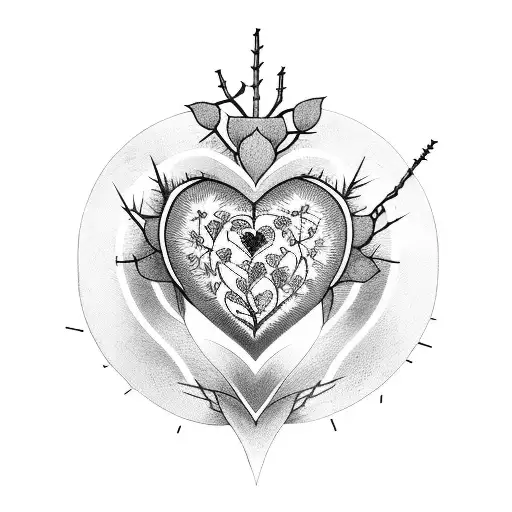 3 hearts surrounded by thorns connected to large heart. Centered around an hourglass tattoo design idea