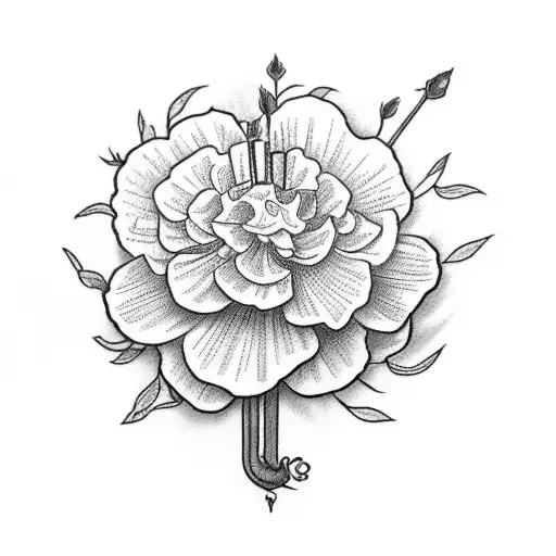 memorial tattoo with a bouquet of flowers - 1 marigold with the initials zrb in the stem, 1 narcissus with the initials  tattoo design idea