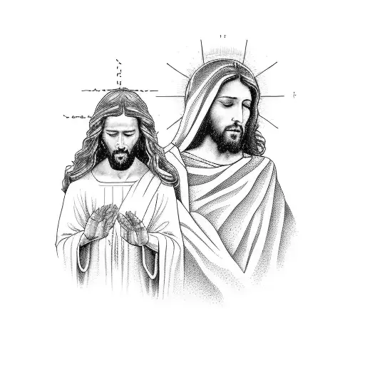 An ethereal portrait of Jesus and Mary side by side on planet earth tattoo design idea