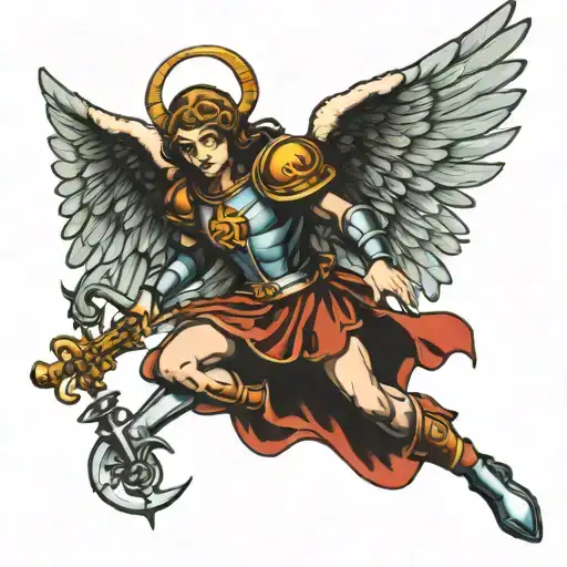 St Michael, the Archangel defeating devil pinup girl tattoo design idea