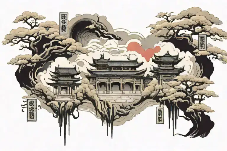 roman city fade into China  tattoo design idea