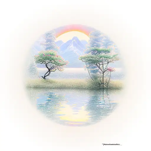 A realistic tattoo depicting a serene sunset over a tranquil lake, with delicate floral elements surrounding it. tattoo design idea