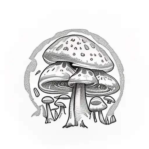 A traditional-style tattoo featuring a collection of colorful wild mushrooms in a forest setting, with rays of sunlight  tattoo design idea