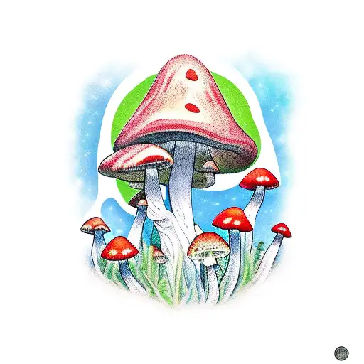 A traditional-style tattoo featuring a collection of colorful wild mushrooms in a forest setting, with rays of sunlight  tattoo design idea