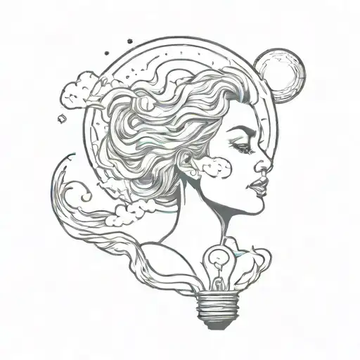 woman growing out of a lightbulb and waves on the light bulb edsge and the moon and the sarts line work and very beautif tattoo design idea