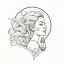 woman growing out of a lightbulb and waves on the light bulb edsge and the moon and the sarts line work and very beautif tattoo design idea