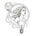 woman growing out of a lightbulb and waves on the light bulb edsge and the moon and the sarts line work and very beautif tattoo design idea