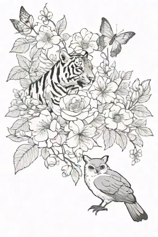 animals and flowers tattoo design idea