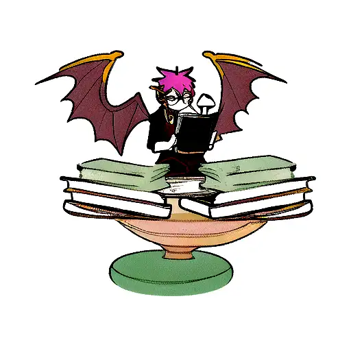anthropomorphic aries with dragon wing and dragon tail ,wearing glasses and headset, sitting on some book playing video  tattoo design idea