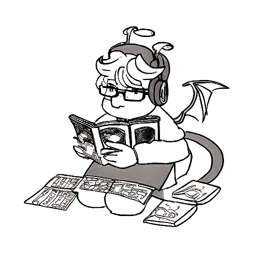 anthropomorphic ram with dragon wing and tail ,wearing glasses and headset, sitting on japanese mangas playing video gam tattoo design idea