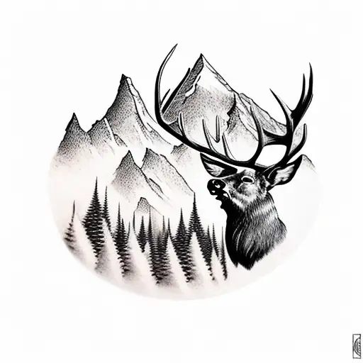 elk with mountains tattoo design idea