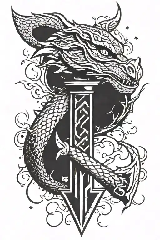 The split hammer of Thor Mjollner with lightning bolts on the background , snake or dragon tattoo design idea