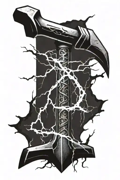 The split hammer of Thor Mjollner with lightning bolts on the background  tattoo design idea