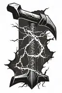 The split hammer of Thor Mjollner with lightning bolts on the background  tattoo design idea
