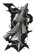 The split hammer of Thor Mjollner with lightning bolts on the background  tattoo design idea