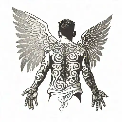 shadow of a normal family Indian man  facing backward having wings on his back not showing his face and in  tattoo design idea