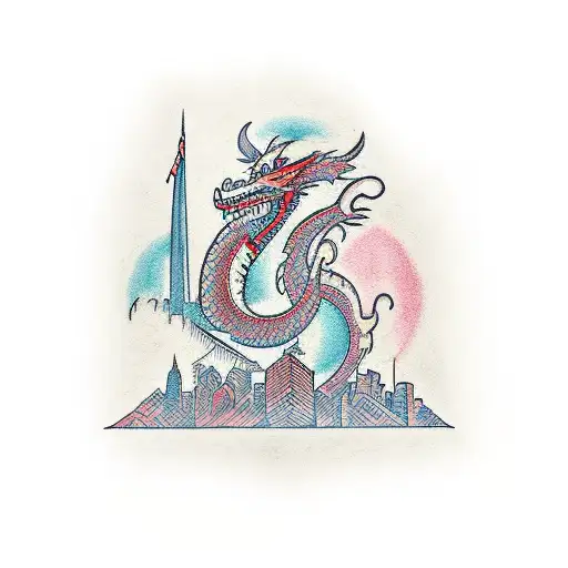 A traditional-style tattoo of the Philadelphia skyline with a dragon and a yorkie intertwined tattoo design idea