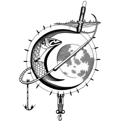 fishing rod with a moon on the hook tattoo design idea