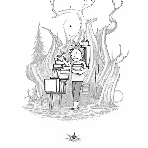 Ricky and Morty characters exploring a mystical forest filled with books tattoo design idea