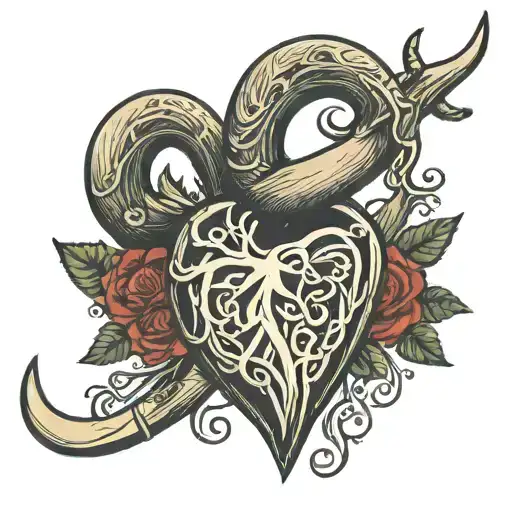 a fishing hook and a deer antler In a heart form  tattoo design idea