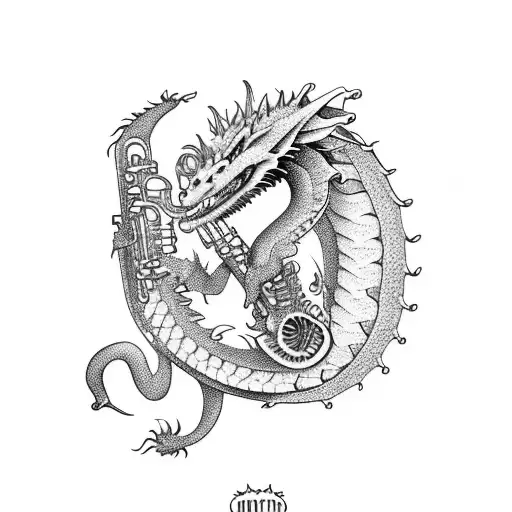 A dragon playing a saxophone with a sunflower field in the background tattoo design idea
