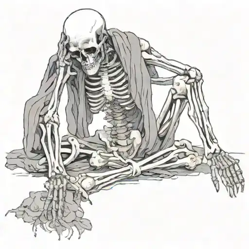a skeleton prays with his head down, dressed in a black, slightly torn robe. Behind him are the bloody and tattoo design idea