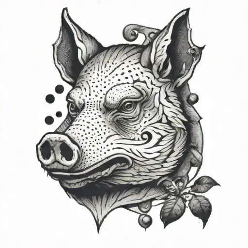 A masochistic pig with a wolf face tattooed on its body tattoo design idea
