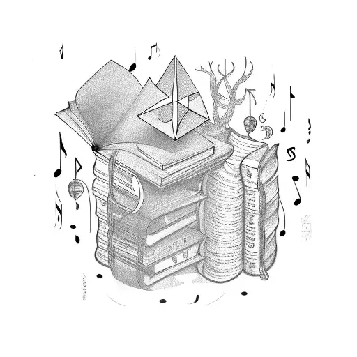 A mystical bookshelf with glowing pages, surrounded by music notes and animals in a magical forest tattoo design idea