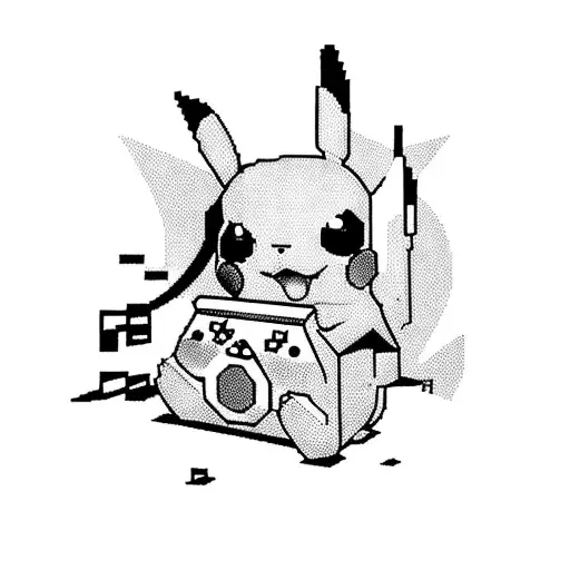A fusion tattoo of a pixelated Pikachu playing a retro video game, surrounded by music notes and computer code tattoo design idea