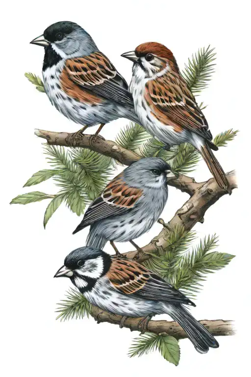 slate-colored junco and American tree sparrow perched on bare branch tattoo design idea