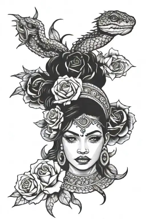 indian woman face surrounded with rose and snake tattoo design idea