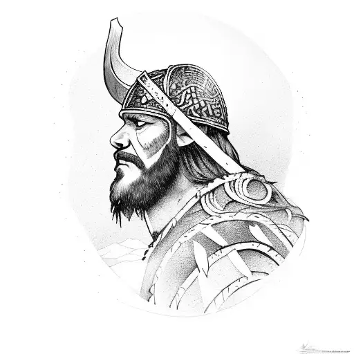 A fierce Viking warrior with a raven perched on his shoulder, standing in the midst of the Norway woods tattoo design idea