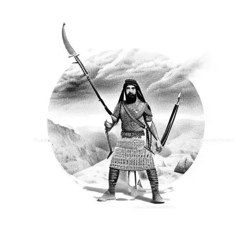 A powerful Kurdish warrior holding a poignard with the Kurdistan landscape in the background tattoo design idea