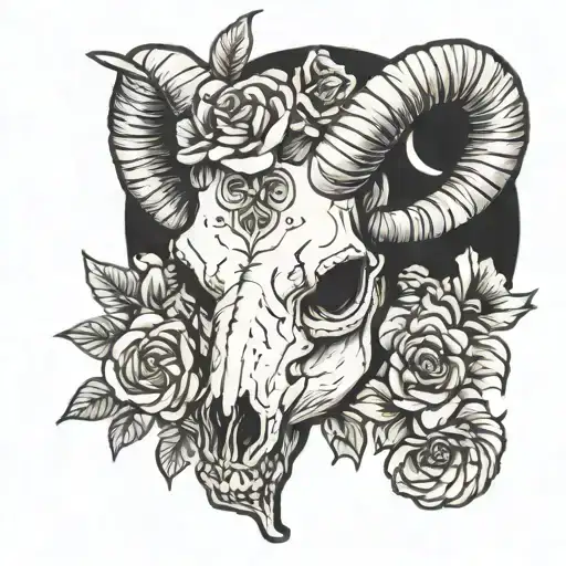 ram skull with flowers growing tattoo design idea