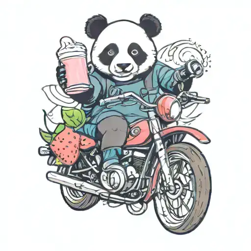 panda holding strawberry milk riding a motorcycle  tattoo design idea