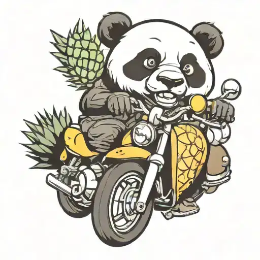 panda holding a pineapple riding a sport motorcycle tattoo design idea
