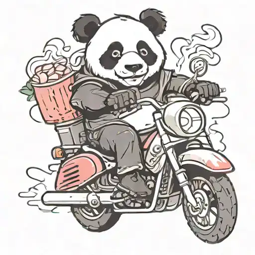 panda holding strawberry milk riding a sports motorcycle  tattoo design idea