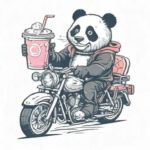 panda holding a cup or carton strawberry milk riding a sports motorcycle tattoo design idea