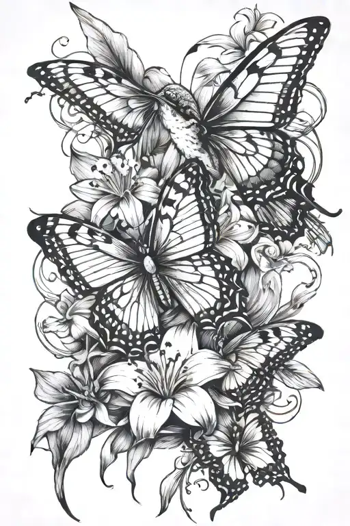 Lily, butterfly, hummingbird long tail tattoo design idea