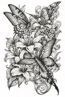 Lily, butterfly, hummingbird long tail tattoo design idea