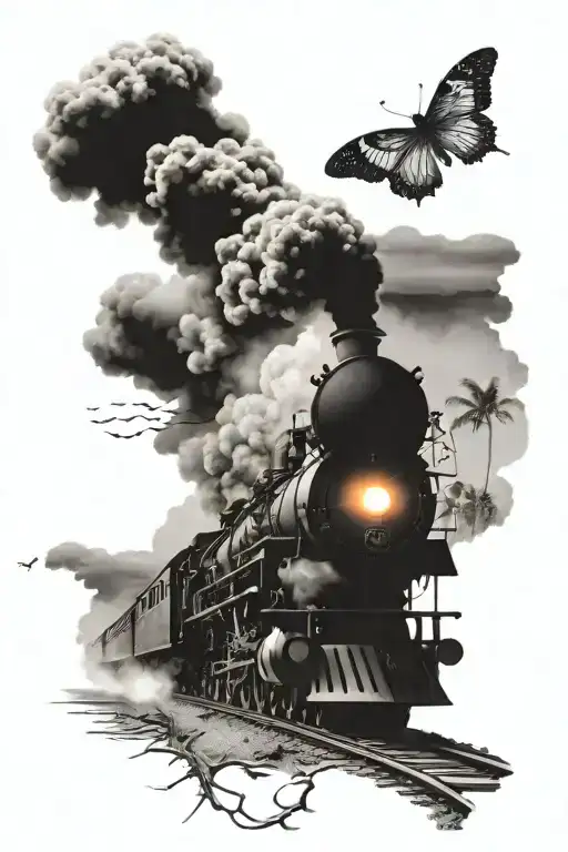 steam train blowing smoke in the shape of a butterfly and rhe tracks are on a beach with palm treees tattoo design idea