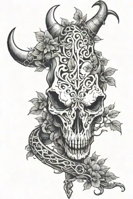 Cow skull with vines wrapping and snake wrapped tattoo design idea