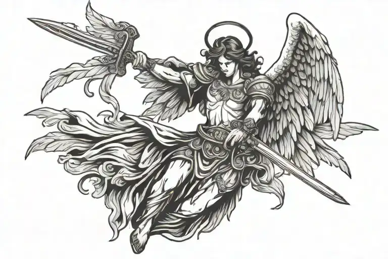 Angel with spread wings and sword in his hand reaching tattoo design idea