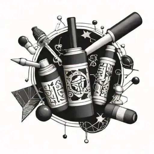 Intricate geometric patterns intertwined with images of pharmaceutical pills and syringes tattoo design idea